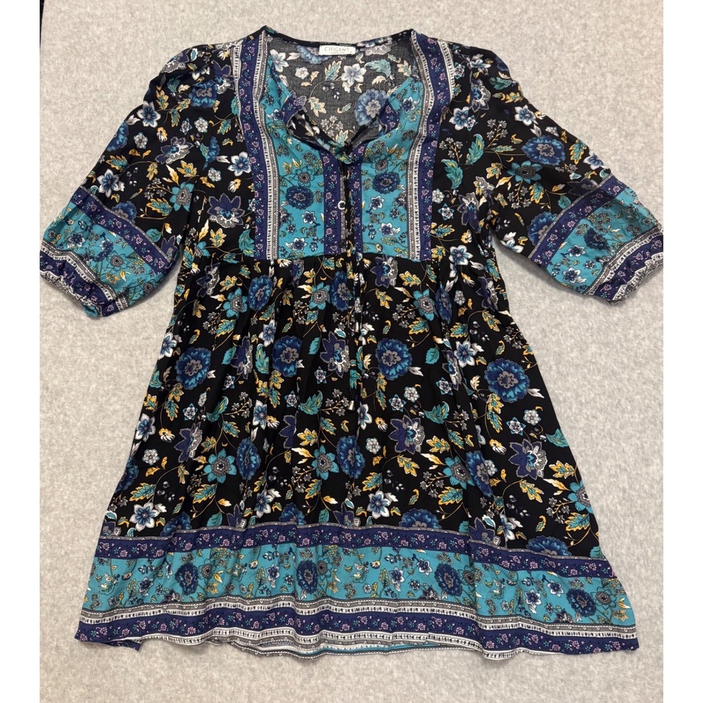 CHIGANT‎ Women Floral Boho Tunic Blue Teal Black Rayon Size M